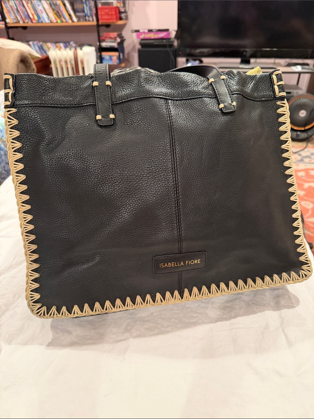 Isabella Fiore Black Tote with Cream Whipstitch Edge